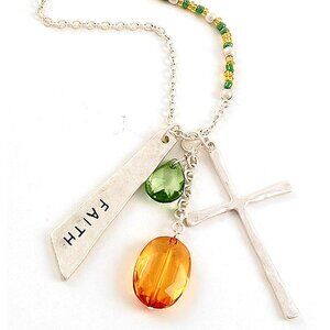 Faith Cross Beaded Necklace with Topaz and Peridot Faceted Glass Accents